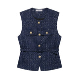 Phatbird Fashion Tweed Belt Waistcoat O Neck Single Breasted Sleeveless