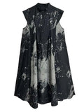 Black Pattern Printed One-Size Midi Sleeveless Shirt Dress