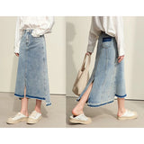 Irregular Hi-lo Distressed Cotton Jeans Skirt