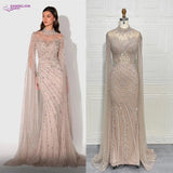 Phatbird Luxury Saudi Arabia Mermaid Beaded Cape Sleeves High-Neck Evening Dress