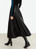 Faux Leather Solid Retro Women Skirt Mid-length A-line
