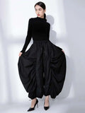 Elastic Waist Black Wide Leg Arc Ankle Length Trousers)