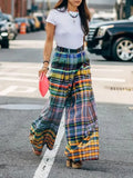 Women Vintage Plaid High Waist Wide Leg Pants Spring Summer Loose