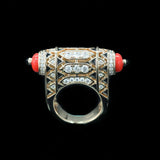 Sterling Silver Coral Carbon Diamond Coral Decorative ArtDeco Ring