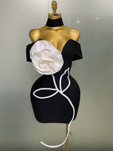 Phatbird  New Sexy Off Shoulder White Flower Black Mini Bodycon Bandage Dress