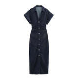 Phatbird Spring New 1975 series denim MIDI dress with lapel side zipper fashion wrinkle waist slim elegant dress