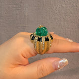Phatbird Vintage Pumpkin Blue Crystal Rings Open Finger Jewelry Black Dripping Oil Halloween