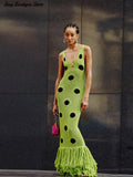 Phatbird Sexy See Through Knitted Maxi Dress Hollow Out Deep Neck Pot Robes Tassel Hem Fork Party