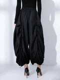 Elastic Waist Black Wide Leg Arc Ankle Length Trousers)