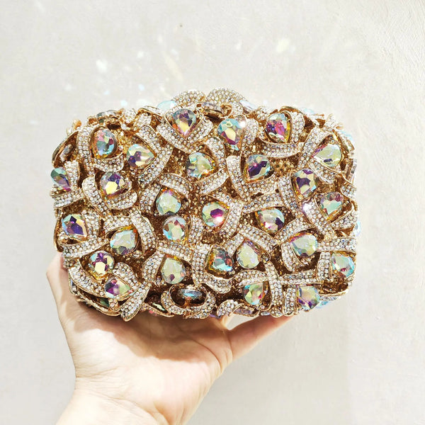 Phatbird Rhinestone Crystal Clutch Purse Gold Metal Evening Wedding Bridesmaid Handbags