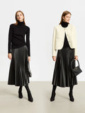 Faux Leather Pleated Woman A-Line Midi Skirt Retro Fashion