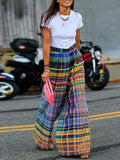 Women Vintage Plaid High Waist Wide Leg Pants Spring Summer Loose