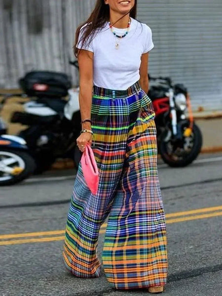 Women Vintage Plaid High Waist Wide Leg Pants Spring Summer Loose