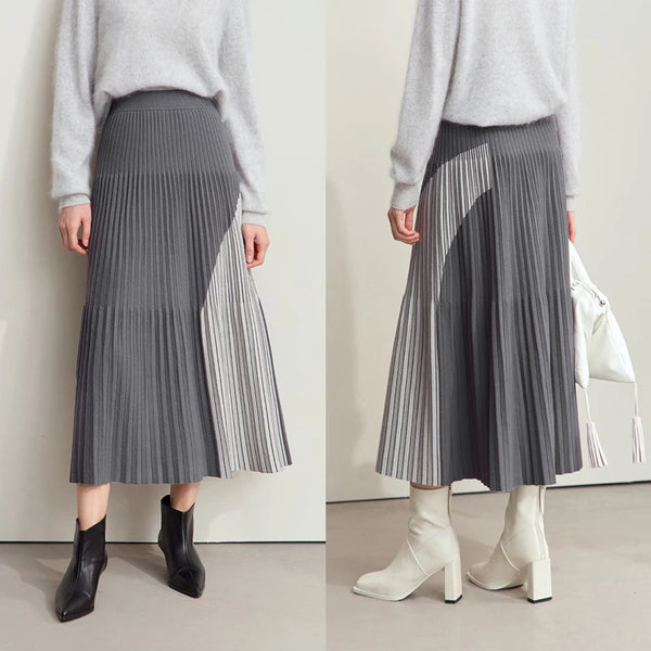 Two-toned Pleated Elastic Waist Midi Skirt