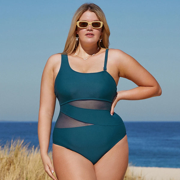Plus Size Mesh One Shoulder One Piece Swimsuit