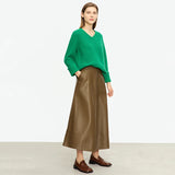 Faux Leather Solid Retro Women Skirt Mid-length A-line
