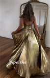 Metallic gold long Slit Pleated prom dress