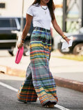 Women Vintage Plaid High Waist Wide Leg Pants Spring Summer Loose