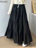 Phatbird Women Korean Fashion Tiered Maxi Skirt Elastic Waist Casual Solid Color