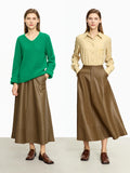 Faux Leather Solid Retro Women Skirt Mid-length A-line