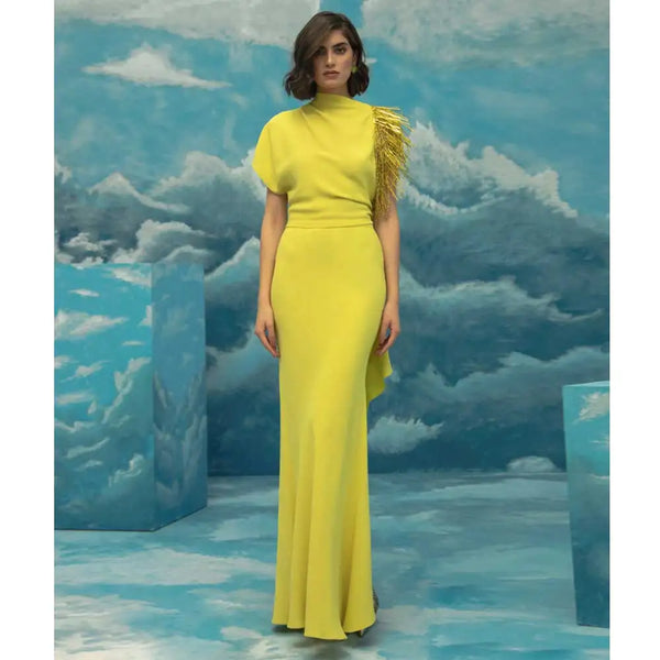 Yellow Tassel Single Rotator Sleeve Cocktail Ball Gown