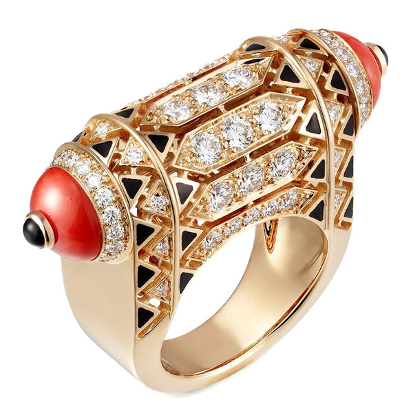 Sterling Silver Coral Carbon Diamond Coral Decorative ArtDeco Ring