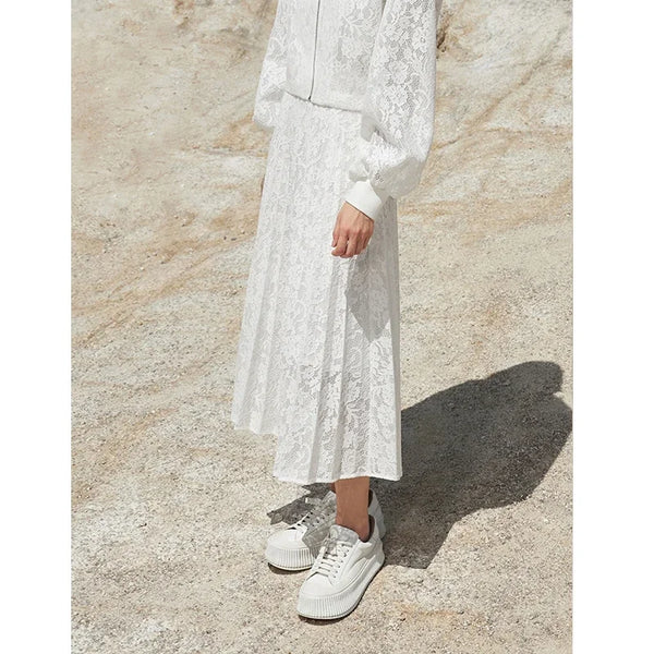 Elegant Pleated French Lace Midi Skirt