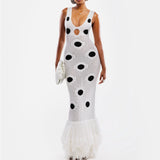 Phatbird Sexy See Through Knitted Maxi Dress Hollow Out Deep Neck Pot Robes Tassel Hem Fork Party