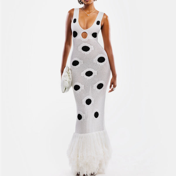 Phatbird Sexy See Through Knitted Maxi Dress Hollow Out Deep Neck Pot Robes Tassel Hem Fork Party