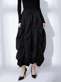 Elastic Waist Black Wide Leg Arc Ankle Length Trousers)