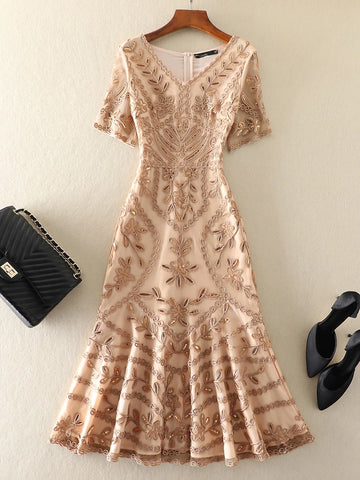 AELESEEN Runway Fashion Women Embroidery Dress Luxury Summer V-Neck Flower Sequined Elegant Long Trumpet Party Vacation