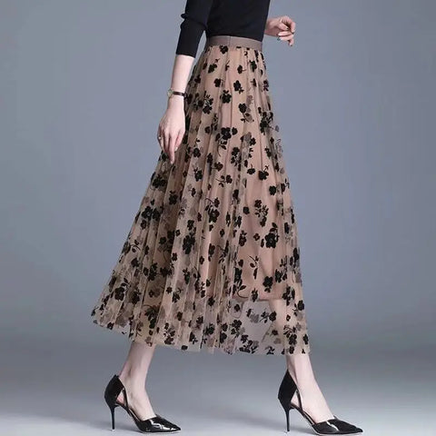 Phatbird  Women Tulle Skirt Fashion Summer Hook Floral Loose Midi Skirt