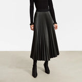 Faux Leather Pleated Woman A-Line Midi Skirt Retro Fashion