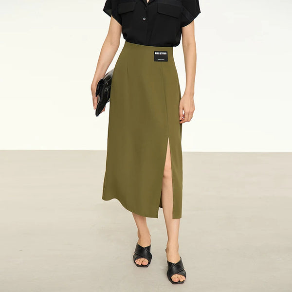 Amii Minimalism Women Straight Skirts High Open Fork Simple High Waist 2024