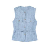 Phatbird Fashion Tweed Belt Waistcoat O Neck Single Breasted Sleeveless