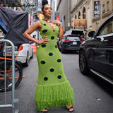 Phatbird Sexy See Through Knitted Maxi Dress Hollow Out Deep Neck Pot Robes Tassel Hem Fork Party