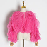 Pink Elegant Patchwork Ruffles Chiffon Blouse