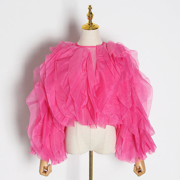 Pink Elegant Patchwork Ruffles Chiffon Blouse