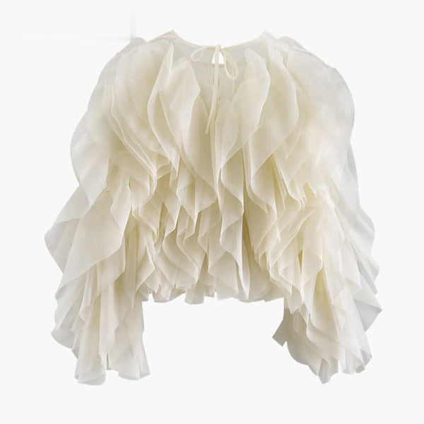 White Elegant Patchwork Ruffles Chiffon Blouse