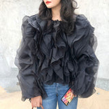 Black Elegant Patchwork Ruffles Chiffon Blouse