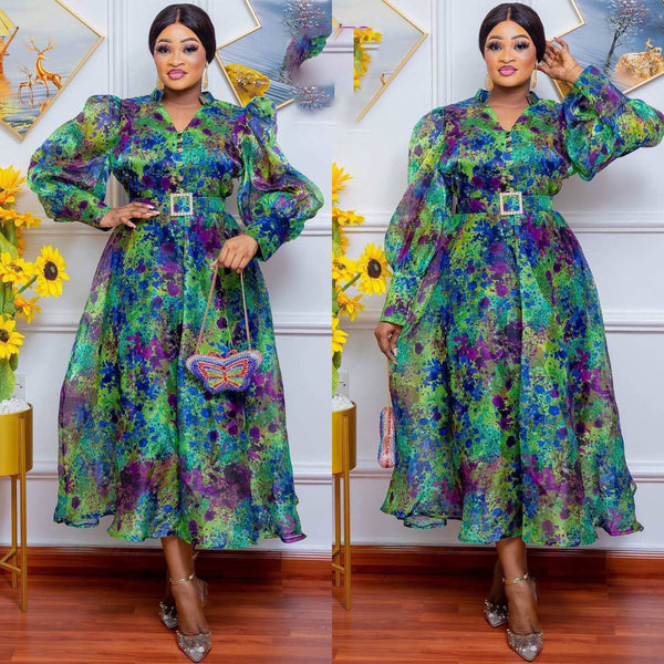 Green Base Organza Floral Gown with Belt