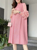 Rose Pink Ruffles Sleeves Pleated Dress
