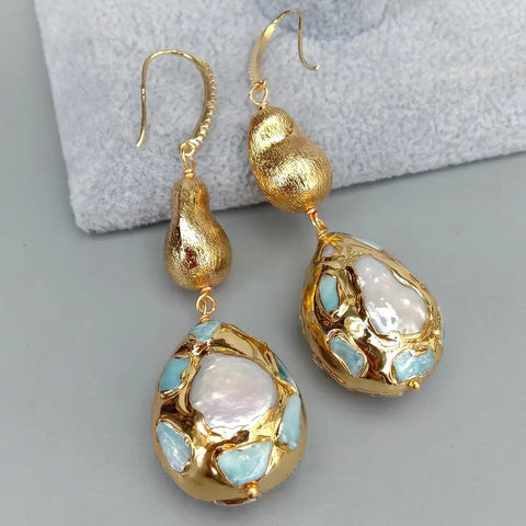 Phatbird natural Cultured White Pearl Teardrop Shape Blue Earrings