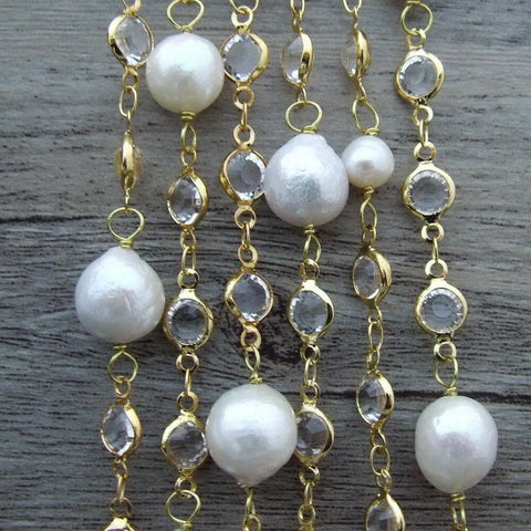 Extra Long Freshwater Pearl & Crystal Station Necklace