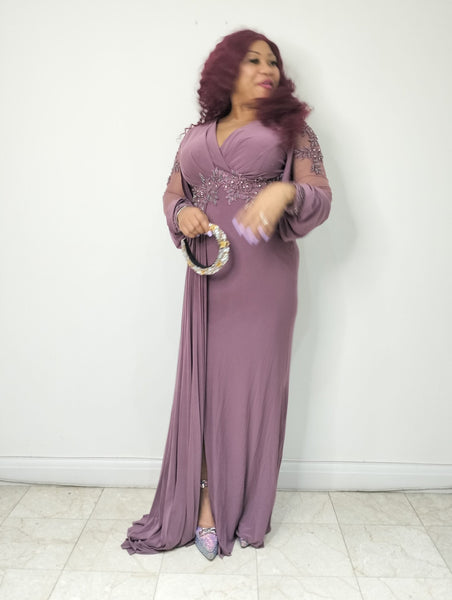 Long Slit Gown with High Shoulder Sleeve