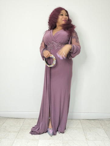 Long Slit Gown with High Shoulder Sleeve