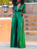 Green Deep V-neck Jumpsuit