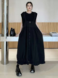 Green Pleated Pocket Big Size Strap Dress New Square Collar Sleeveless