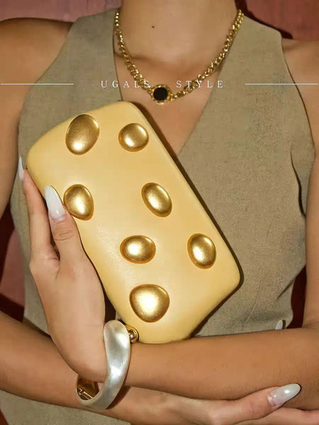 Phatbird Gold Crystal Stone Leather Clutch