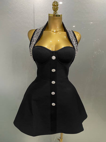 Phatbird Luxury Hot Pink Crystal Halter Mini Dress